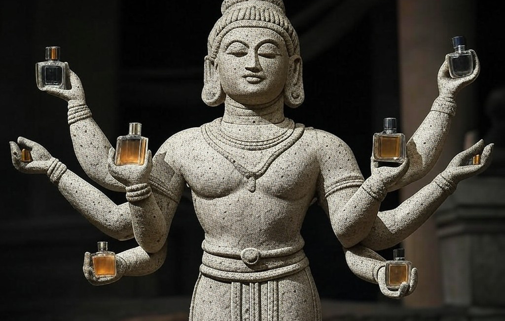 stone statue holding many perfume bottles