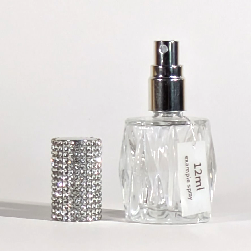 12ml perfume decant bottle with rhinestone cap and handmade tag